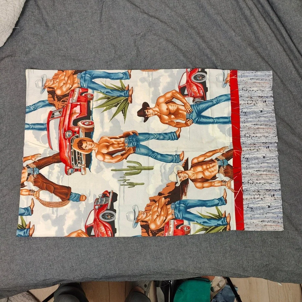 Unbranded Vintage‎ Handmade Pillowcase Multicolor Cowboy Print Kitsch Beefcake